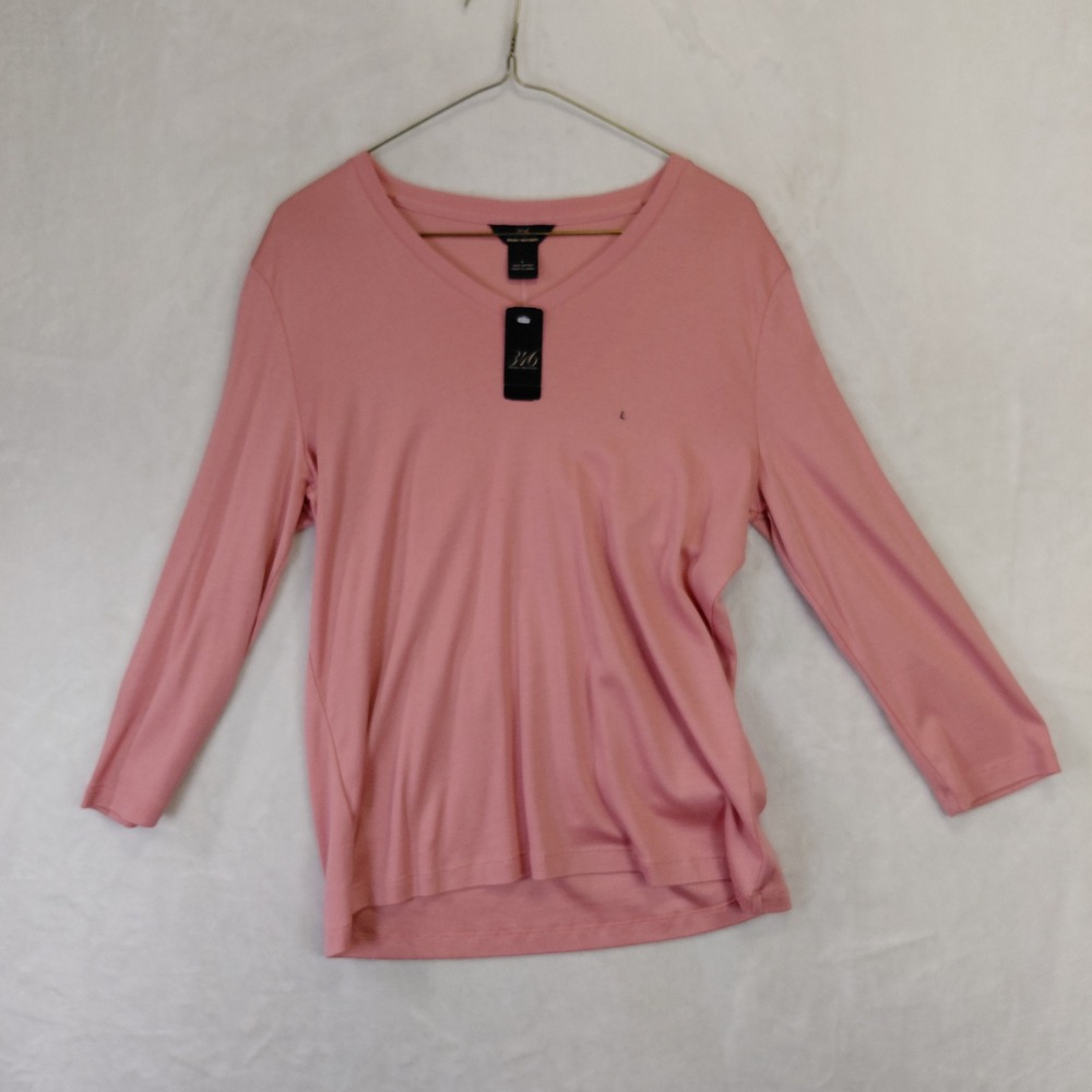 Brooks Brothers 346 Womens Pink V-Neck Long Sleeve 100% Cotton Tee Shirt L